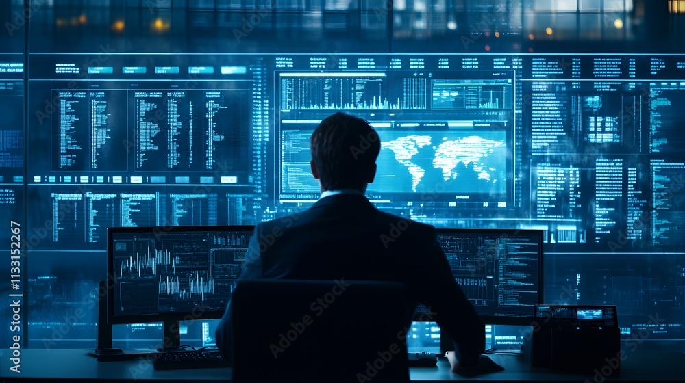 Poster analyst working with global data on multiple screens