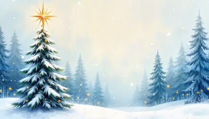 Obraz premium Snowy pine forest with a glowing Christmas tree