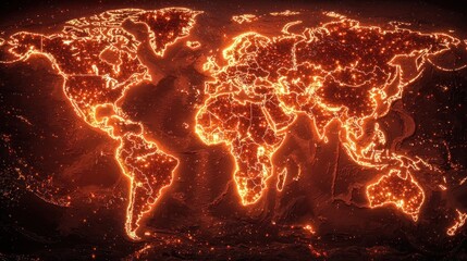 Glowing World Map: A fiery visualization of global connectivity