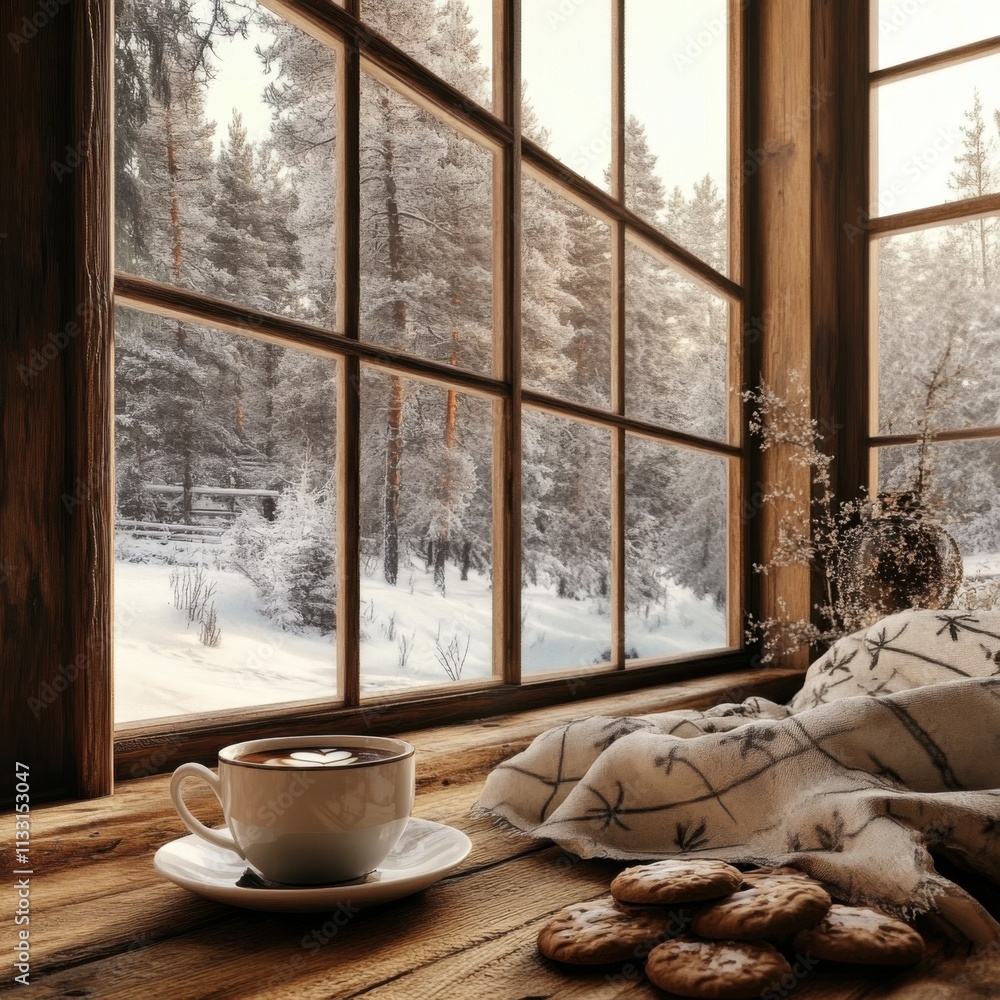 Poster A cozy winter scene with hot chocolate and cookies, a large window overlooking a snowy forest, a blanket draped over one of the windows creating an atmosphere that is both warm inside and cold outside