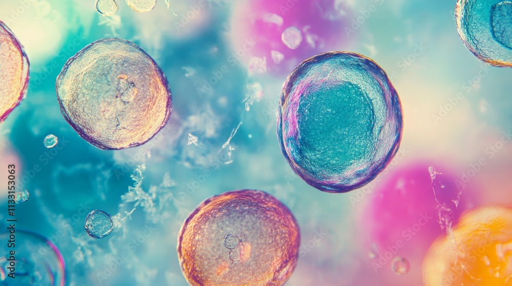 Poster a close-up view of transparent cells with colorful hues, creating a delicate and intricate depiction