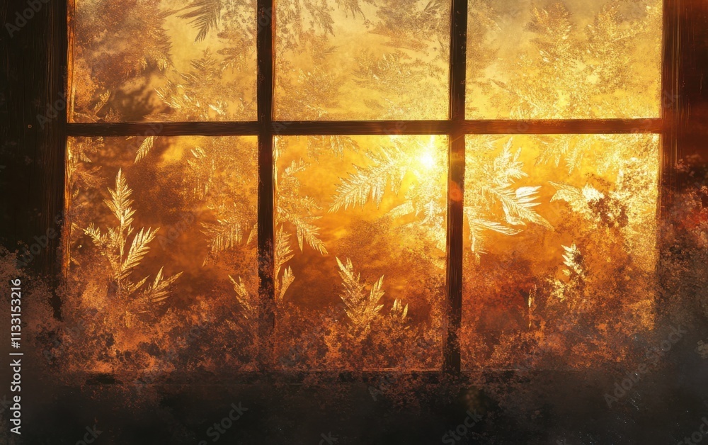 Aufkleber An illustration of an old window with frost on it. The sun is shining through and casting warm light inside. The room is filled with intricate patterns in ice that form beautiful shapes.