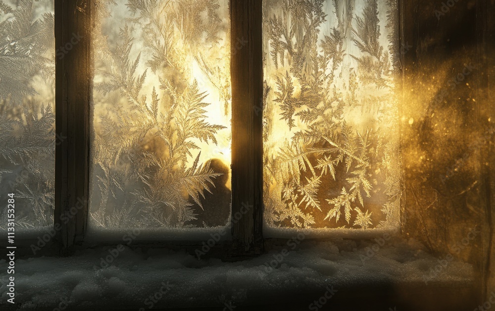 Poster a frozen window with intricate ice patterns, bathed in the golden glow of sunrise, as sunlight filte