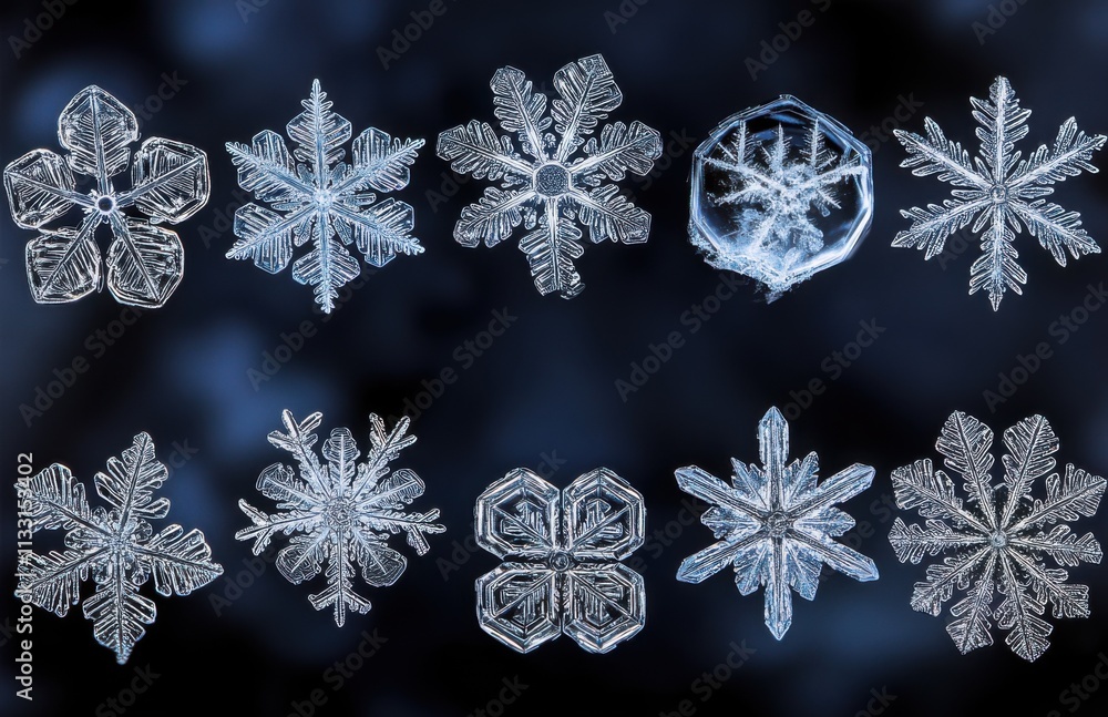 Poster Snowflakes arranged in different shapes and sizes on a dark background. The intricate details and textures of the ice crystals create an elegant display of nature's artistry. Each snowflake is unique.