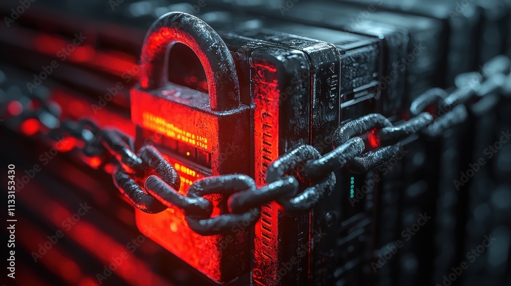 Poster protection padlock symbol padlock with a chain wrapped around a data server, representing physical s