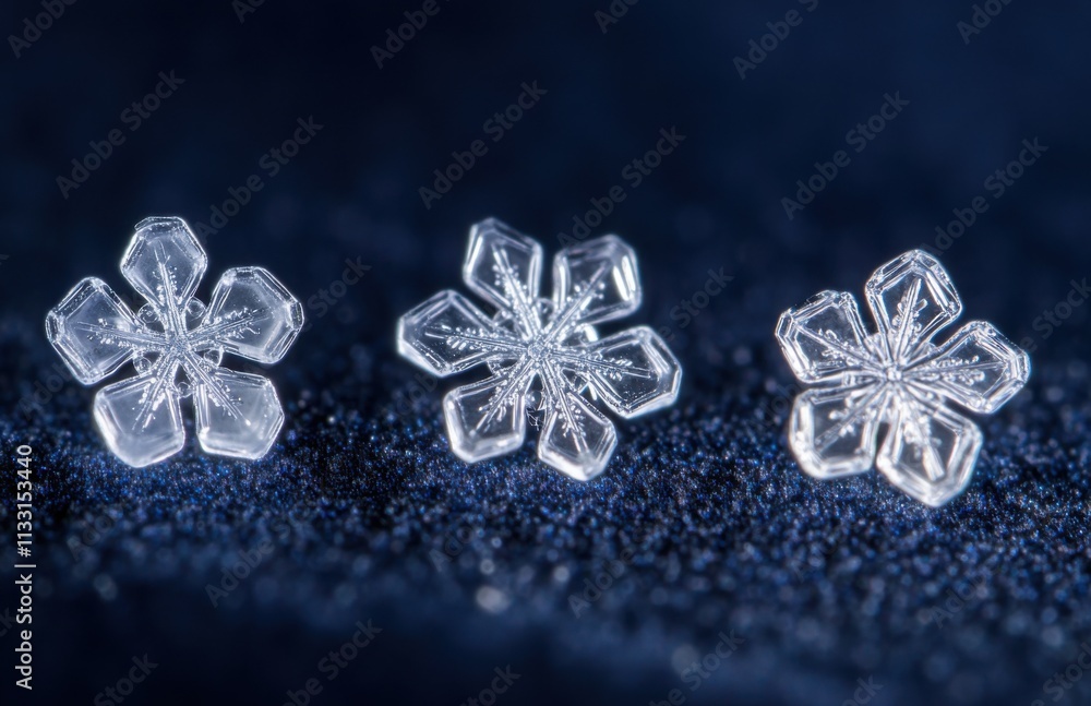 Poster snowflakes are captured in close-up against a dark blue background. delicate details of the ice crys