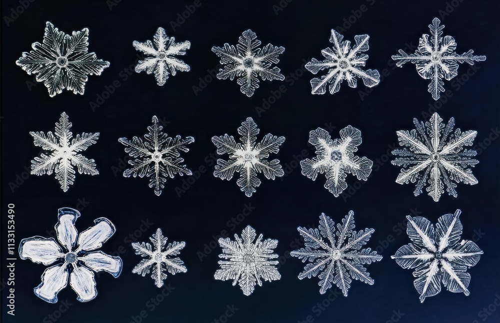 Poster Various snowflakes arranged in rows on a dark blue background, with each snowflake showing intricate details and unique shapes. 