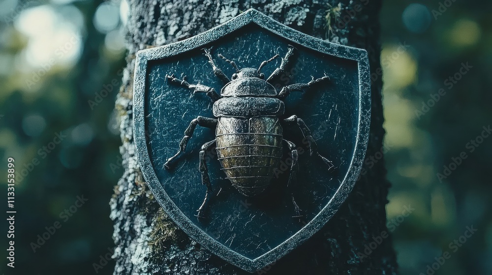 Poster virus and malware protection shield icon blocking a digital virus represented by a bug icon, symboli