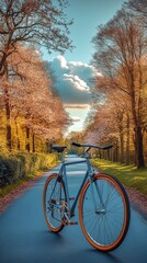 Fototapeta premium A bicycle stands on a picturesque road lined with autumn trees and a serene sky.