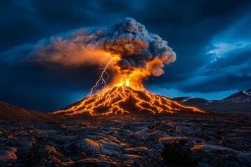 Fototapeta premium A time-lapse-inspired image of a volcanic eruption, capturing streaks of lightning within the ash cloud at night