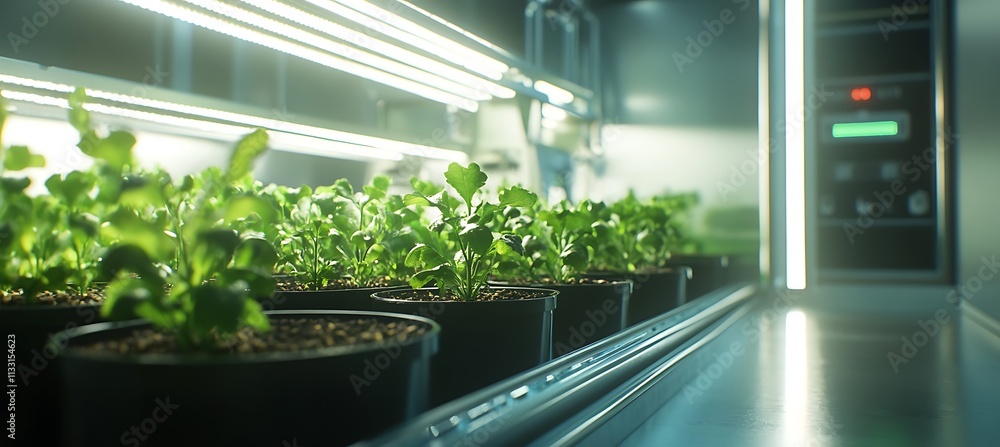 Poster an automated system tending to plants in a vertical farm, adjusting light and nutrients for optimal 