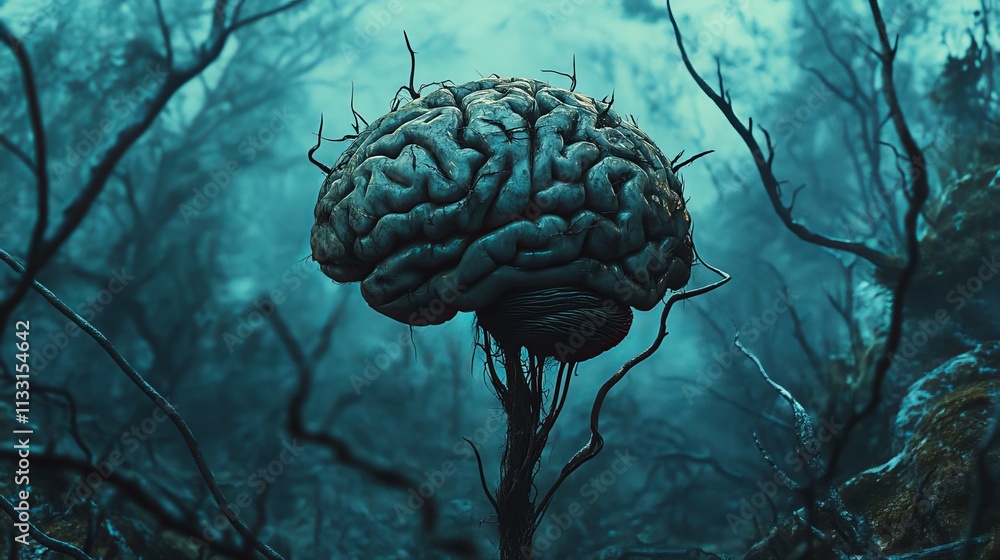 Poster a realistic brain merging with organic tree roots in a mysterious forest scene, symbolizing the conn