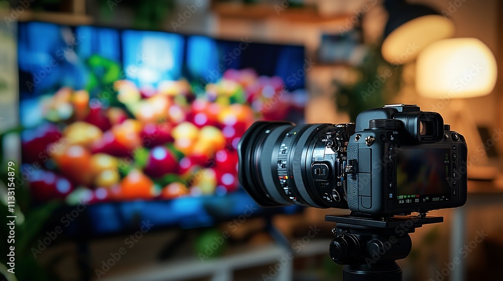 Poster a camera positioned in front of a tv displaying colorful fruit images.