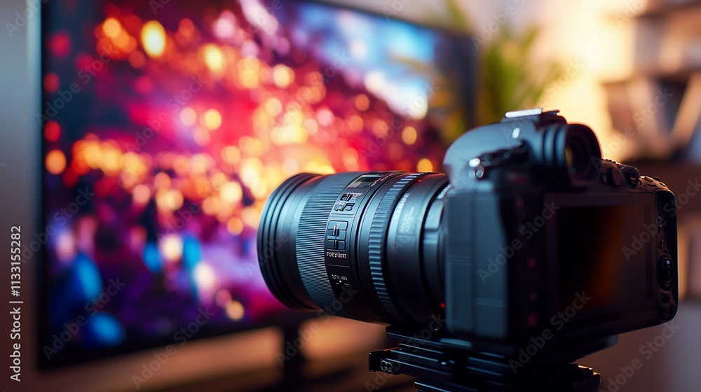 Poster a camera positioned in front of a vibrant television display.