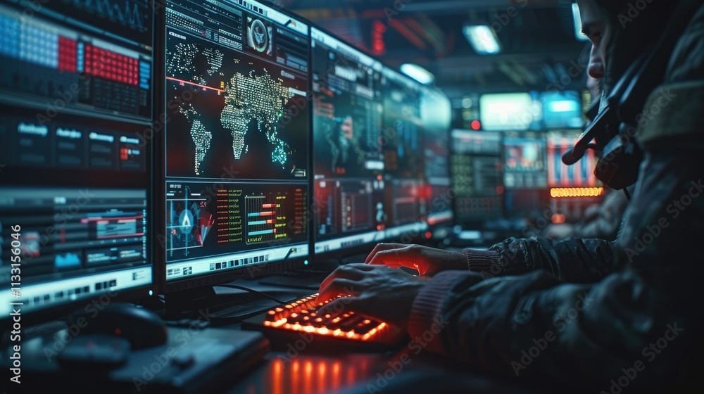 Aufkleber person working on multiple monitors displaying data and map.
