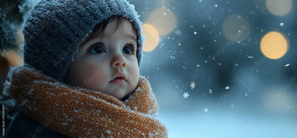 Poster a child in winter attire gazes at falling snowflakes in a serene setting.