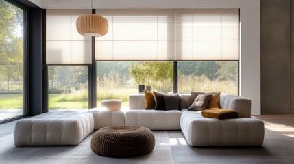 Fototapeta premium Modern living room with a cozy seating area and large windows overlooking greenery.