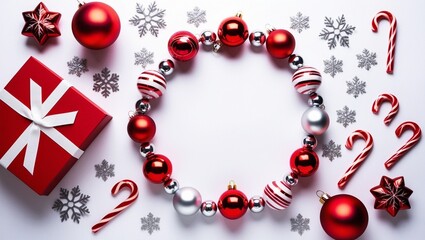 Obraz premium A Christmas arrangement with red and pink decorations set against a white background. Flat lay, top view, offering plenty of copy space.