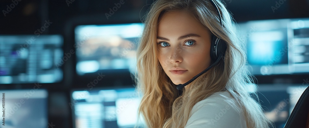 Poster a focused individual in a control room, wearing a headset and monitoring screens.