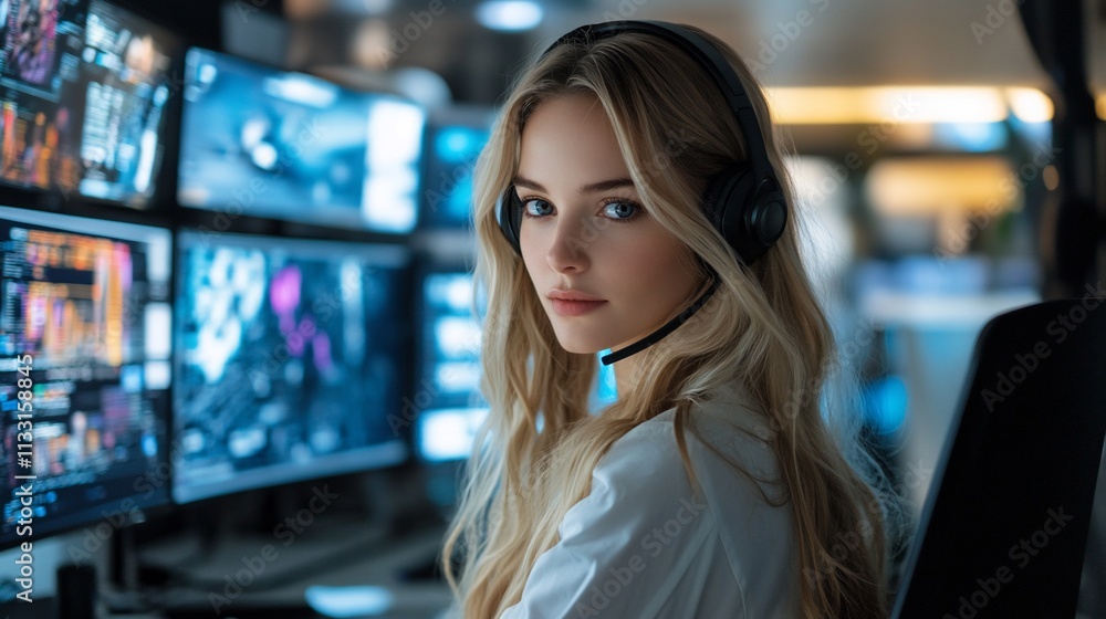 Poster A focused individual in a headset monitors multiple screens in a tech environment.