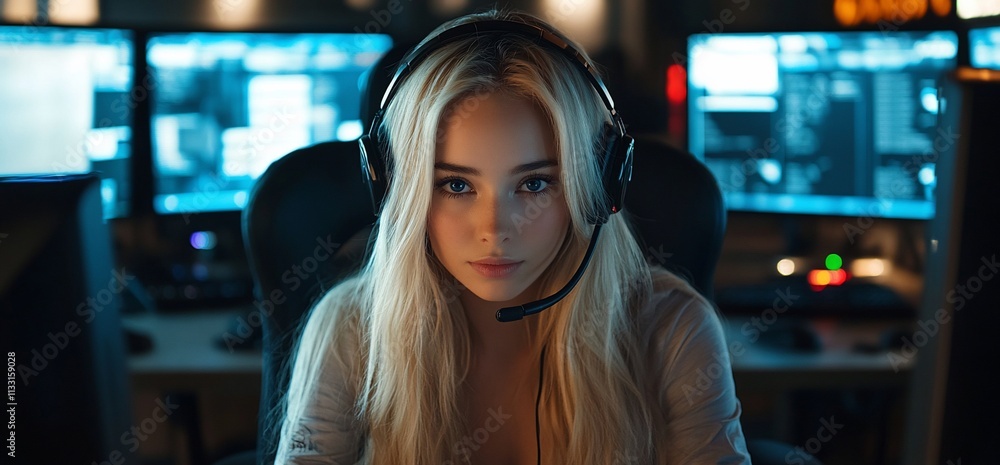 Poster a focused individual in a headset, engaged with computer screens.