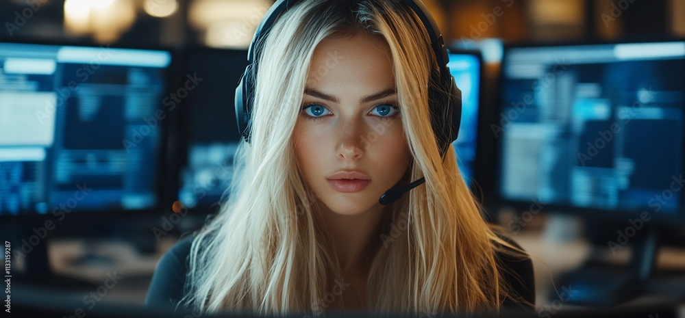 Poster A focused individual wearing a headset in front of multiple computer screens.