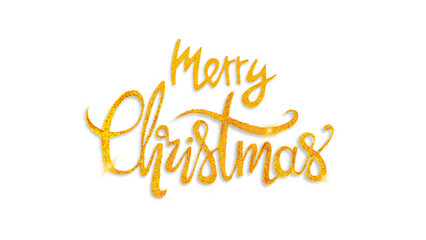 Merry Christmas inscription calligraphy from golden glitter with shadow isolation on white or transparent background