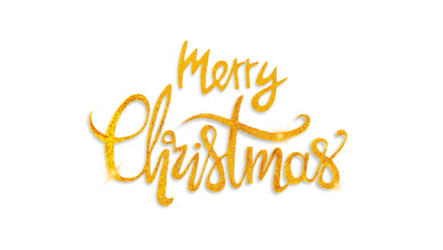 Merry Christmas inscription calligraphy from golden glitter with shadow isolation on white or transparent background