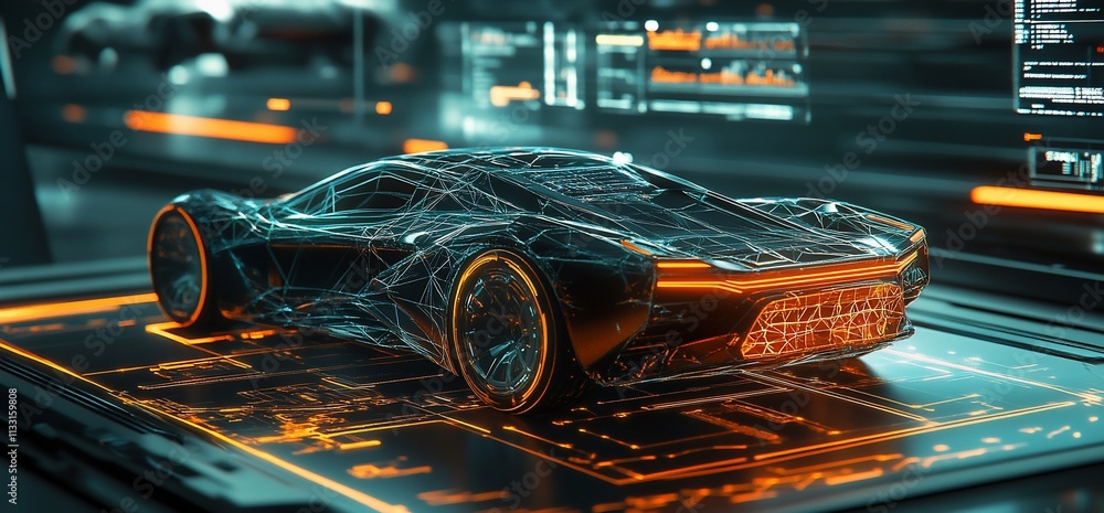 Poster a futuristic car design displayed in a digital interface with neon accents.