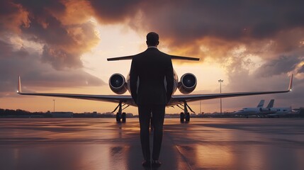 Fototapeta premium Businessman standing before his private jet at sunset on the tarmac.