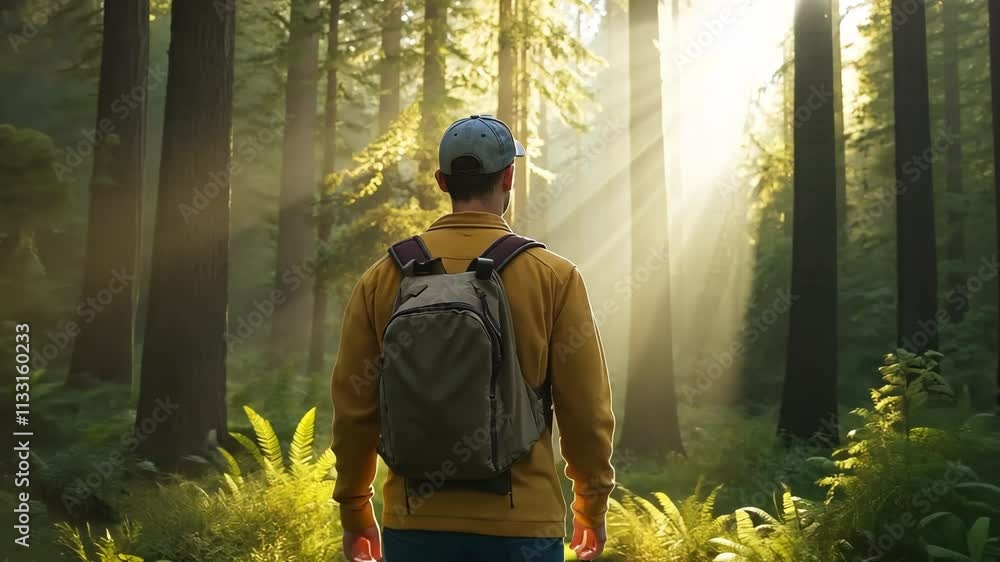 Poster a man is walking through a forest with a backpack on. the sun is shining through the trees, creating