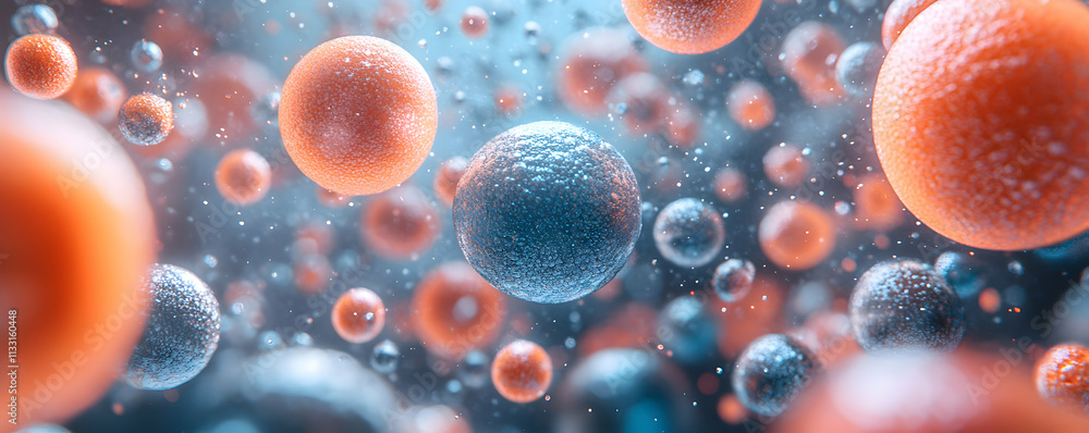 Poster abstract background, glowing spheres float in a mystical, ethereal fluid, creating a dreamlike scene