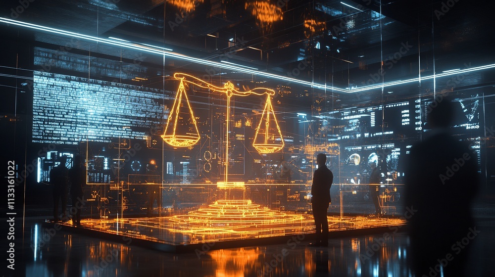 Poster a futuristic representation of justice with glowing scales in a digital environment.