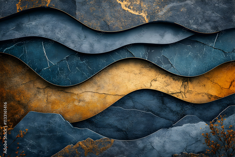 Poster abstract gold and blue layered waves, stylish textured background with elegant design and subtle nat