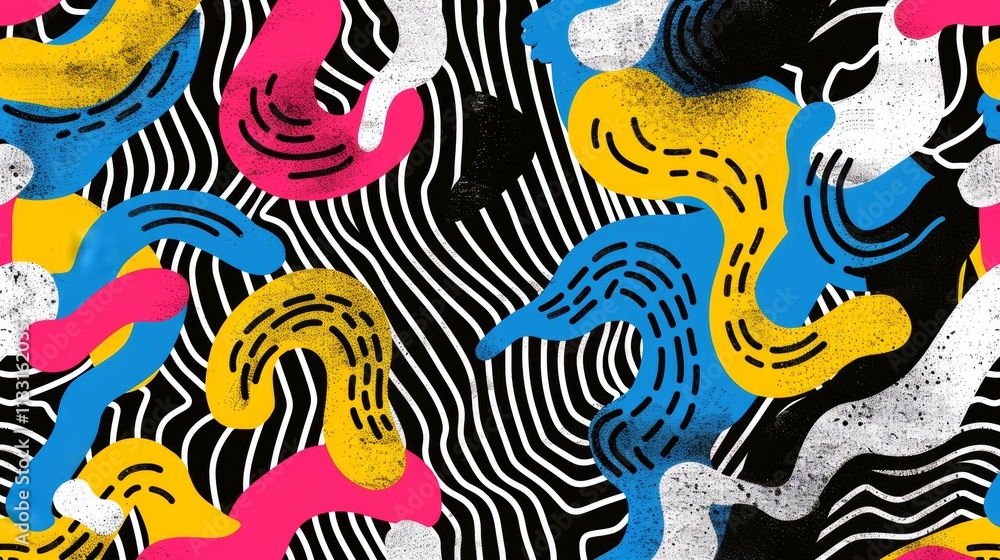 Poster a bright and vibrant abstract background featuring colorful shapes along with bold artistic patterns