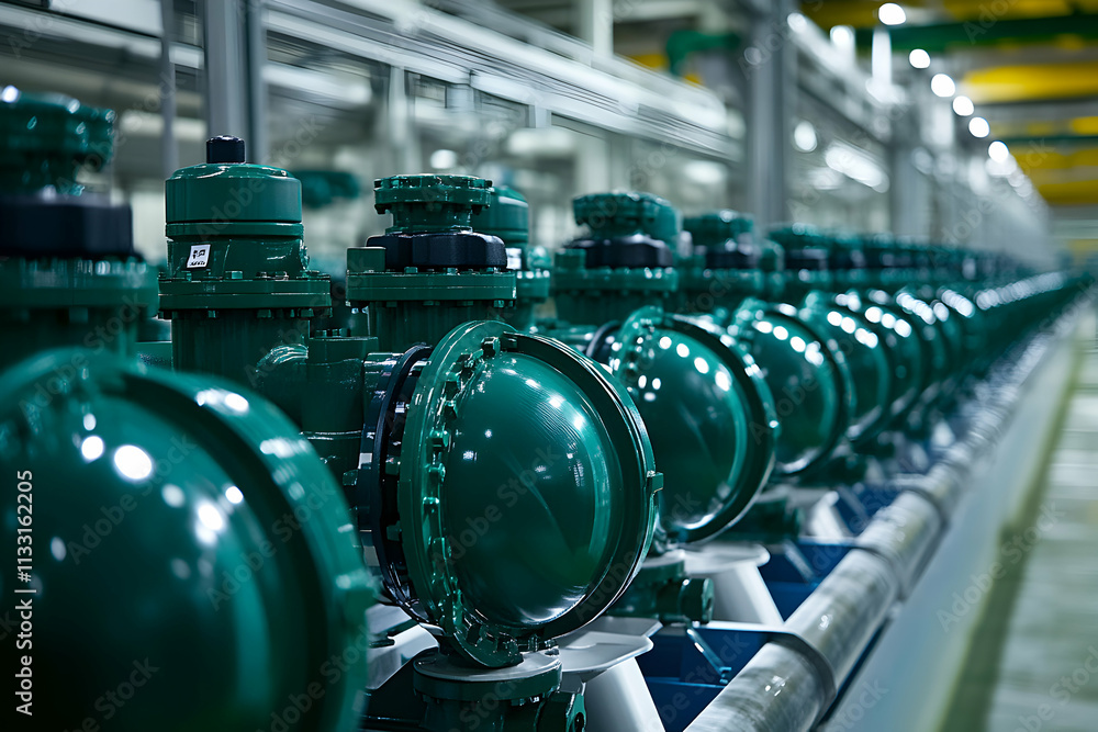 Poster industrial machinery, green valves in a row, precisely aligned, efficiently operating within a moder