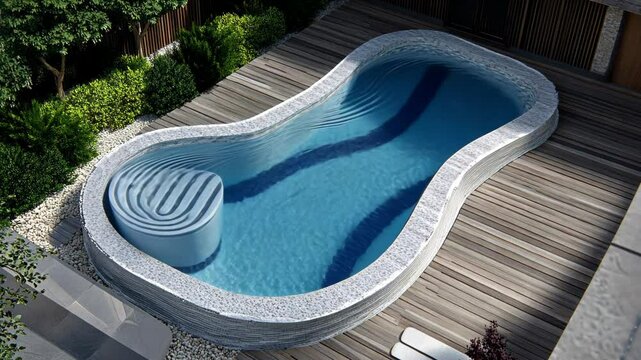 Elegant kidney-shaped swimming pool surrounded by wooden decking and lush greenery