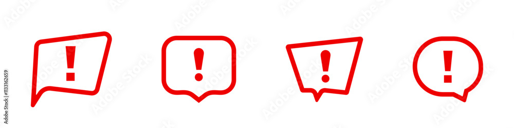 Poster four red exclamation marks inside different shaped speech bubbles. each shape distinct.