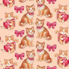 Obraz premium cat with pink hearts and bow seamless pattern. Backgroun for Valentine's Day themes, kitchen decor, gift wraps, and textiles