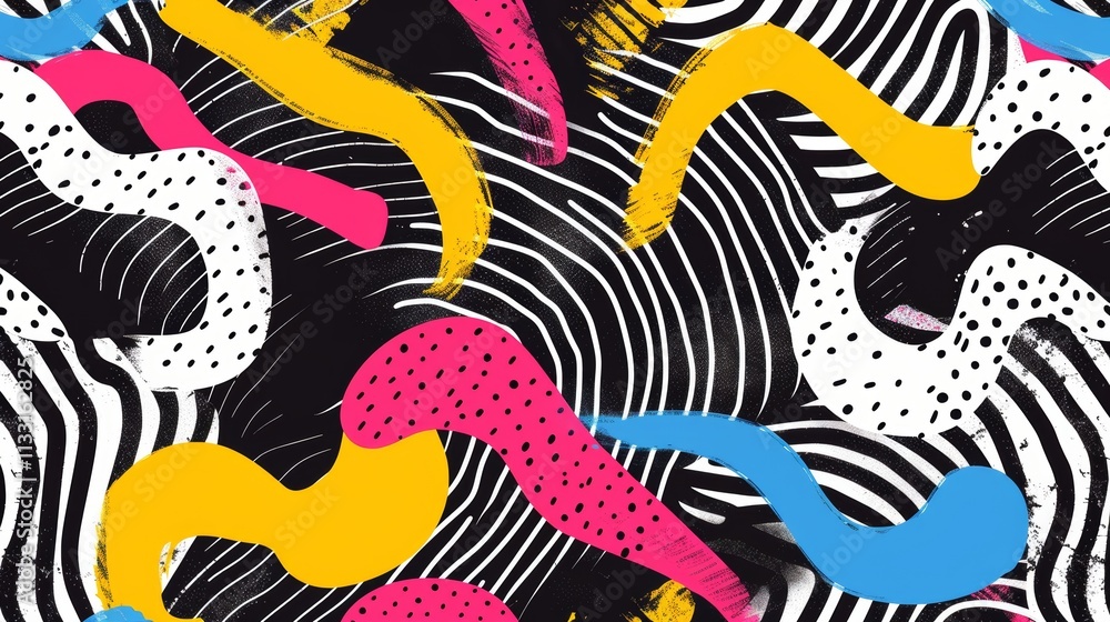 Poster a bright and vibrant abstract background featuring colorful shapes along with bold artistic patterns