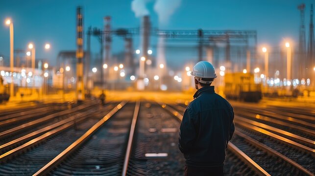 Engineer in hardhat stands on railway tracks overlooking illuminated industrial plant at night.