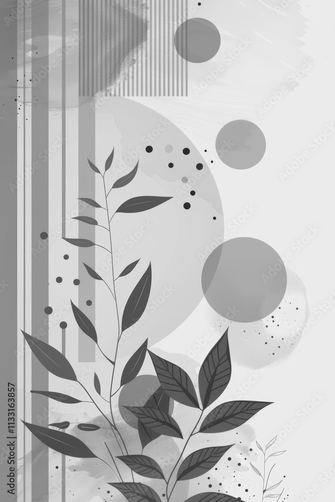Poster an elegant monochrome botanical abstract design featuring circular elements and captivating visual a