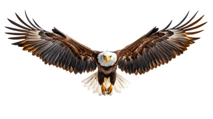 Fototapeta premium Eagle soaring high, wings spread wide on clear background.