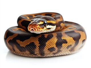Obraz premium Ball python coiled serenity natural habitat wildlife photography earthy surroundings close-up intricate patterns