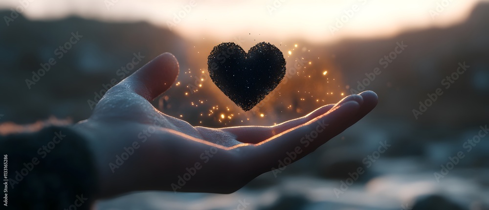 Poster Hand Reaching Out with a Floating Heart-Shaped Object Surrounded by Sparkles and Light During a Soft Evening Glow in a Natural Outdoor Setting