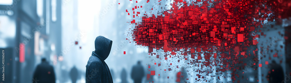 Poster digital data storm, abstract background illustration of a hooded figure and red pixelated explosion 