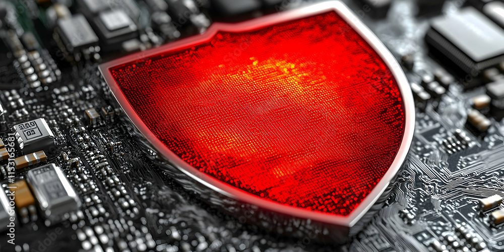 Poster digital shield, glowing red security icon on circuit board, representing robust cyber protection and