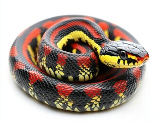 Obraz premium Scarlet king snake displaying bold red black and yellow bands in a natural habitat close-up wildlife photography