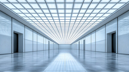 Obraz premium Modern Architectural Hallway, Sleek, Luminous Interior Design with a Gridded Ceiling and Polished Floor, Creating a Spacious and Serene Atmosphere.