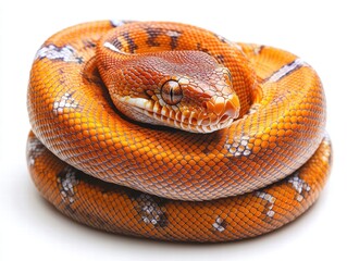 Obraz premium Coiling madagascar tree boa displays vibrant orange and brown scales in captivating natural habitat